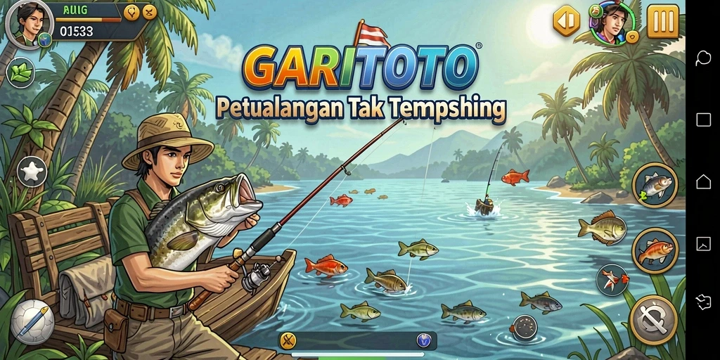 Tampilan gameplay GARITOTO saat memancing di danau yang indah.