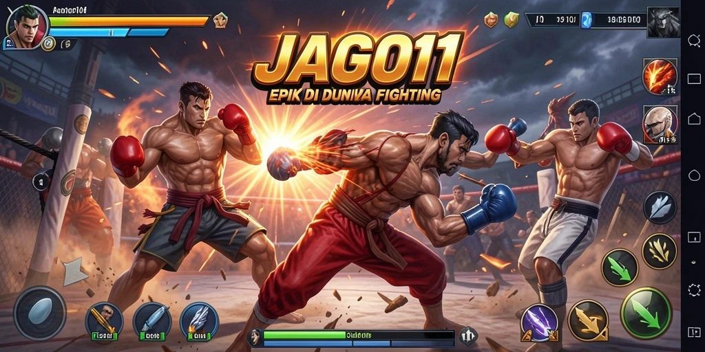 Screenshot JAGO11 menampilkan pertempuran intens di arena Fighting.