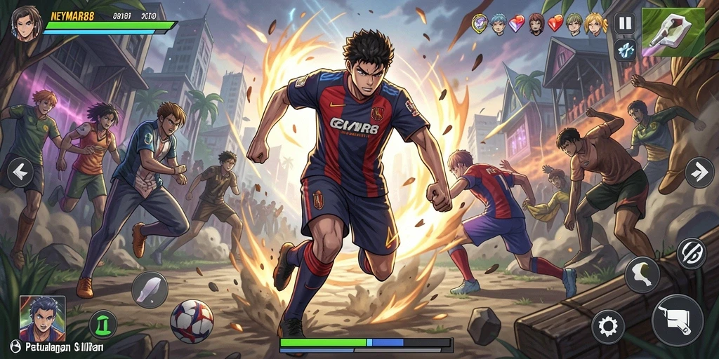 Screenshot gameplay NEYMAR88 menampilkan aksi karakter anime yang menegangkan.