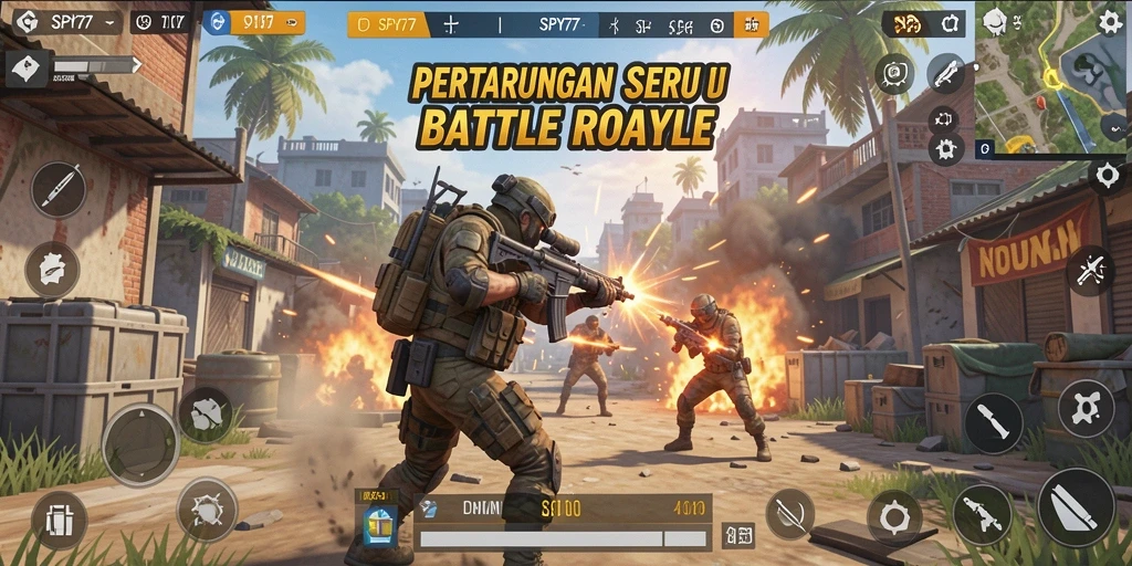 Tangkapan layar utama SPY77 menampilkan aksi intens di arena Battle Royale.