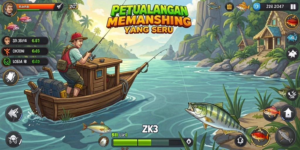 Screenshot gameplay ZK3 yang menunjukkan pemain menangkap ikan besar.